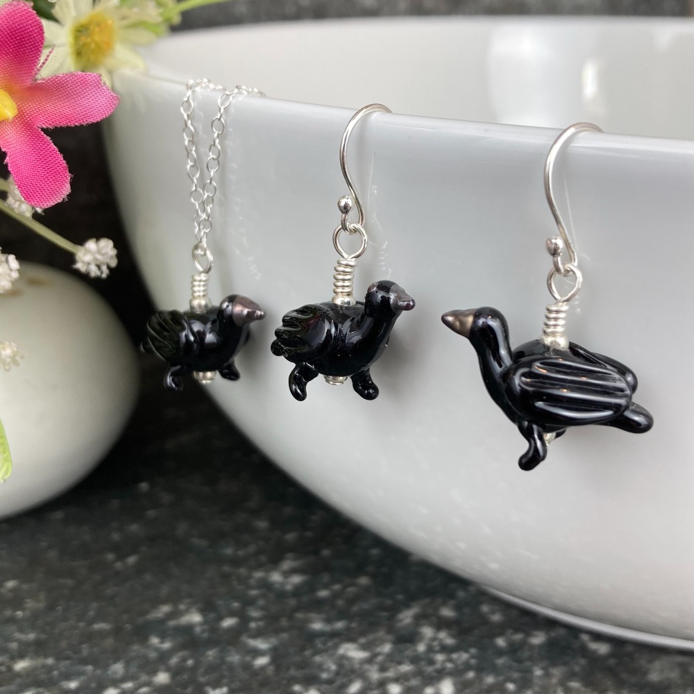 Crow Earrings and Small Pendant Set