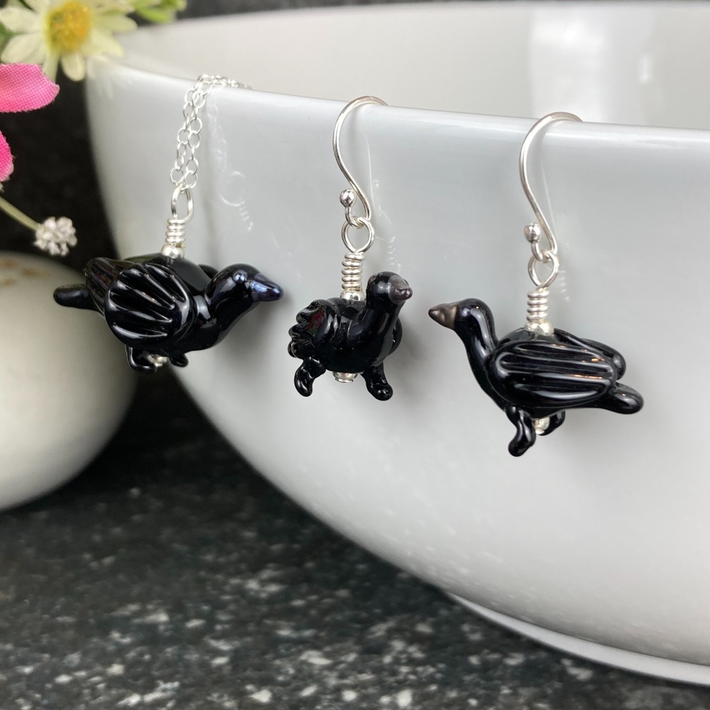 Crow Earrings and Large Pendant Set