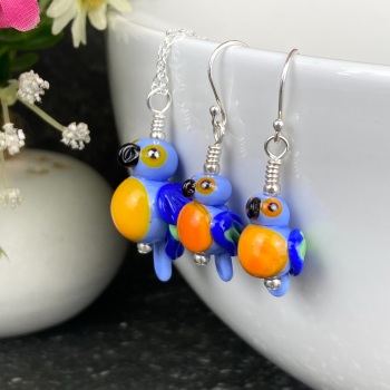 Blue and Yellow Macaw Earrings and Large Pendant Set