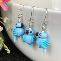 Blue Indian Ring-Necked Parakeet Earrings and Small Pendant Set