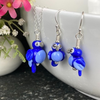 Blue Macaw Earrings and Large Pendant Set