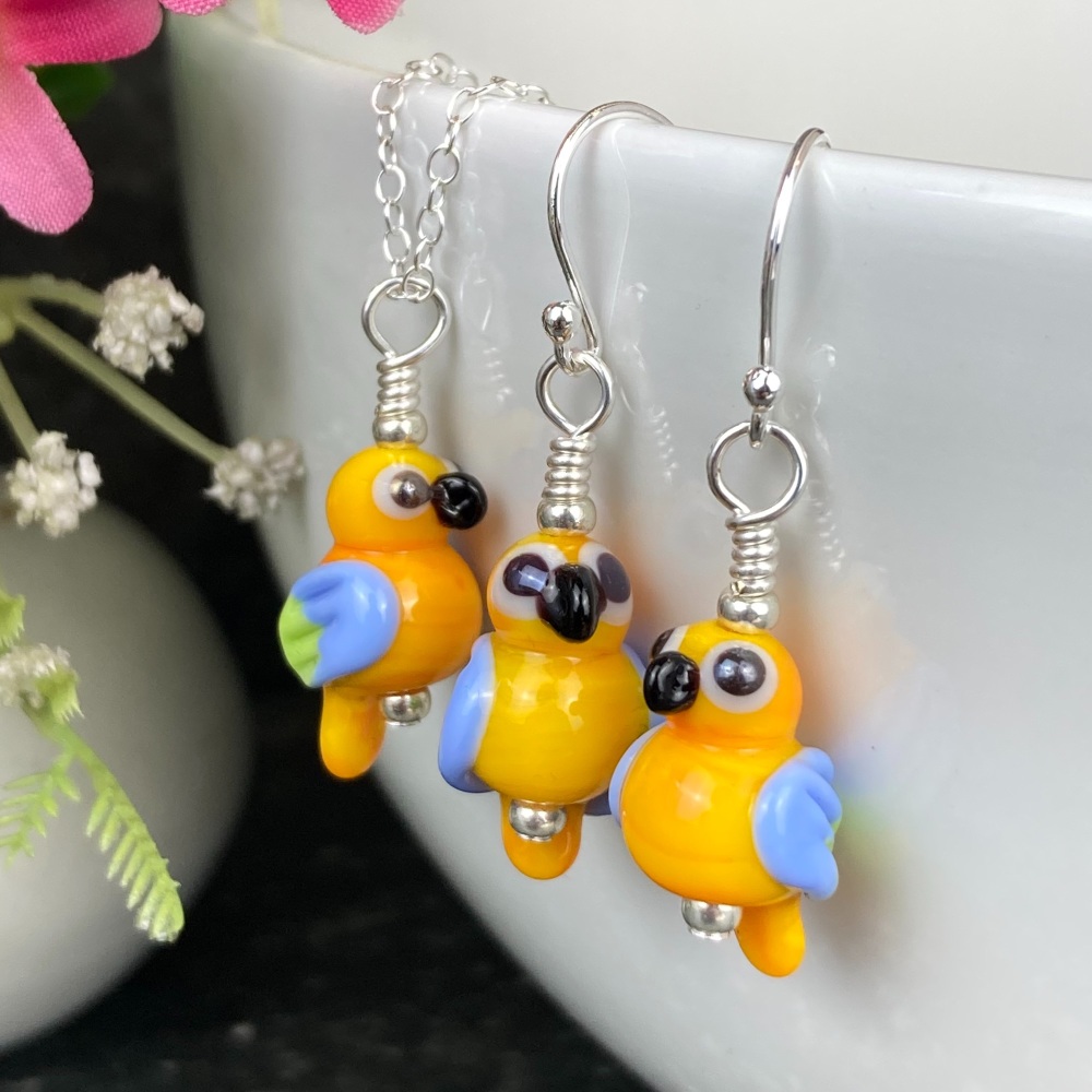 Golden Macaw Earrings and Small Pendant Set