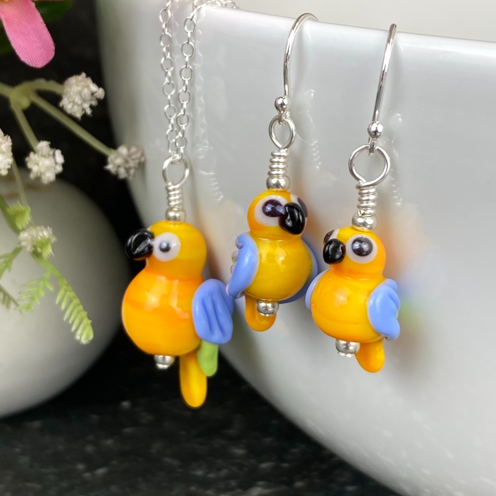 Golden Macaw Earrings and Large Pendant Set