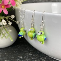 Green and Blue Macaw Earrings and Small Pendant Set