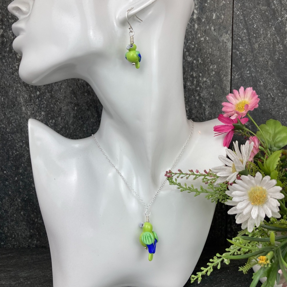 Green and Blue Macaw Earrings and Large Pendant Set