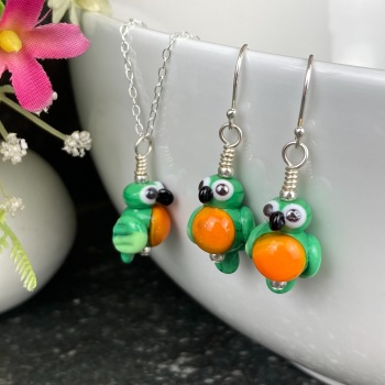 Green and Yellow Macaw Earrings and Small Pendant Set