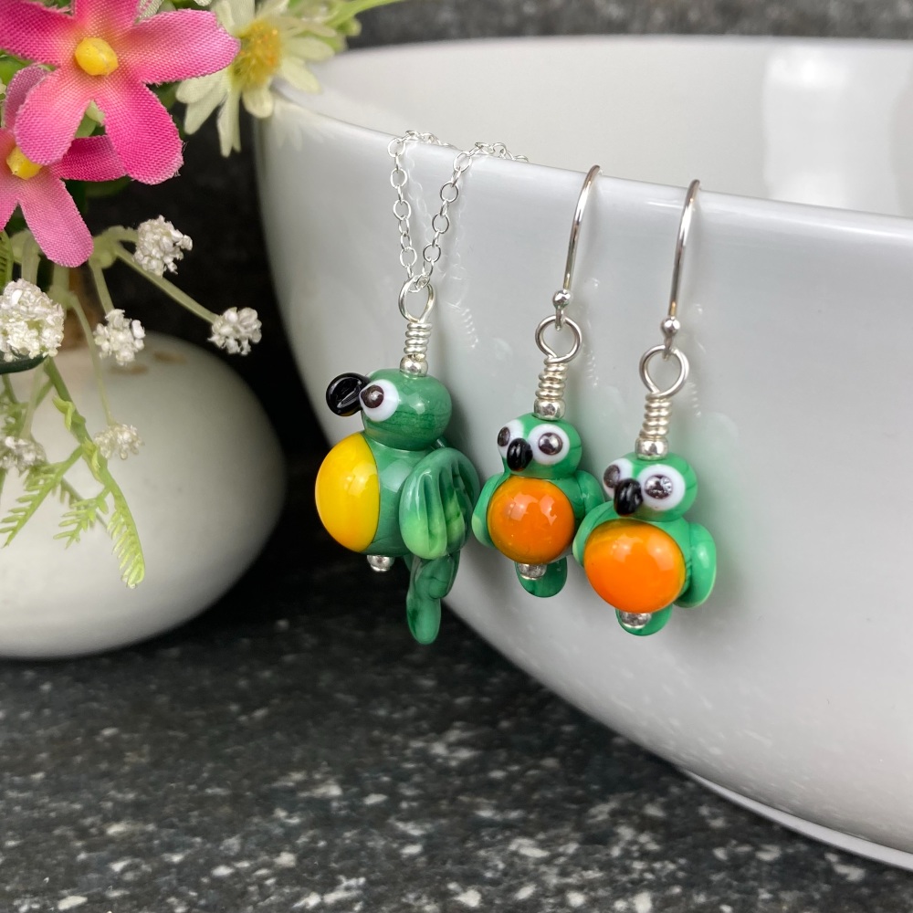Green and Yellow Macaw Earrings and Large Pendant Set