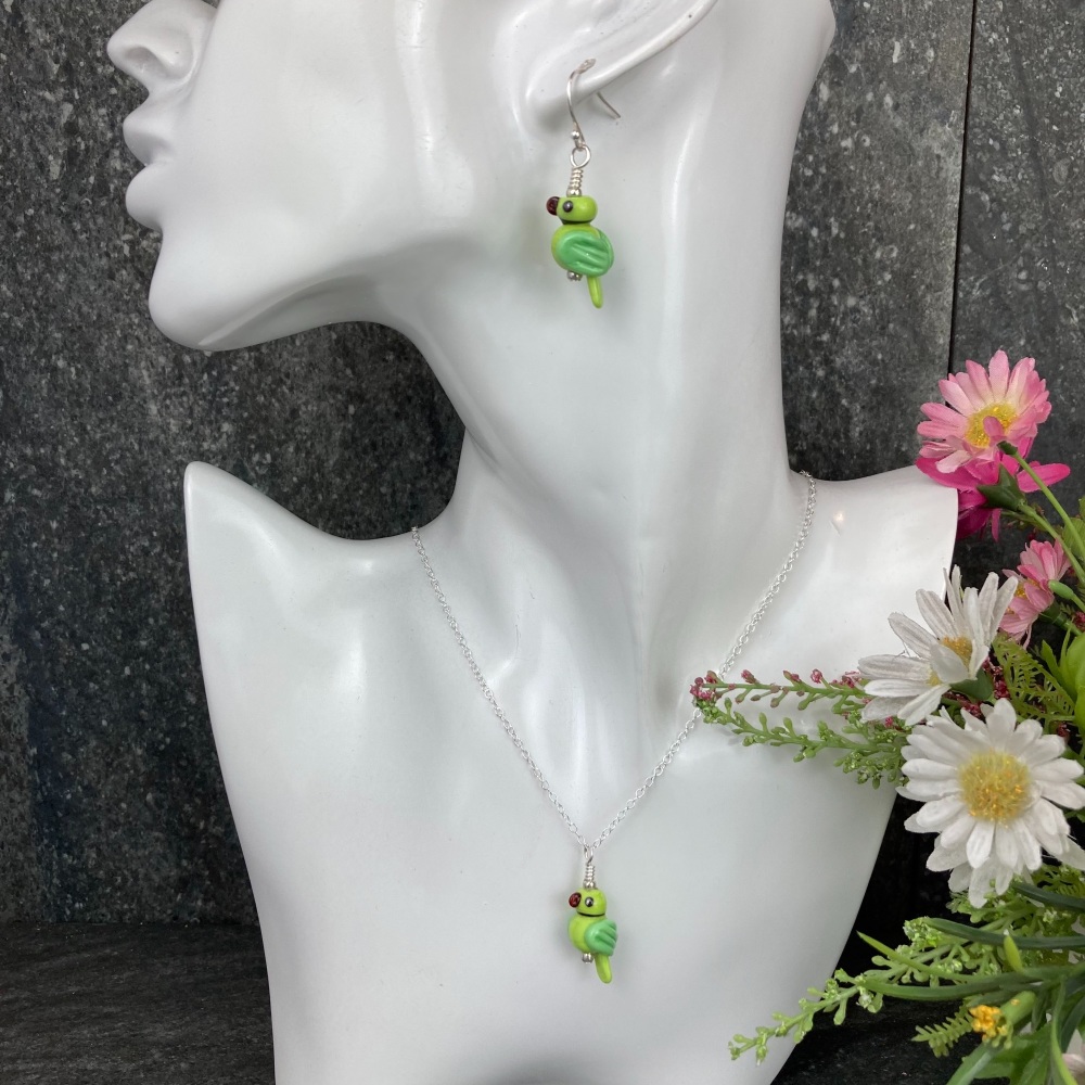 Green Ring-Necked Parakeet Earrings and Small Pendant Set