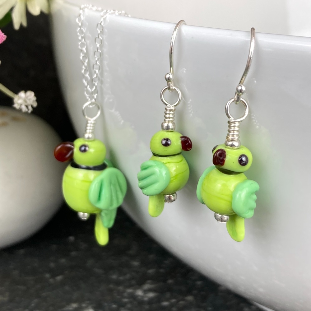 Green Ring-Necked Parakeet Earrings and Large Pendant Set