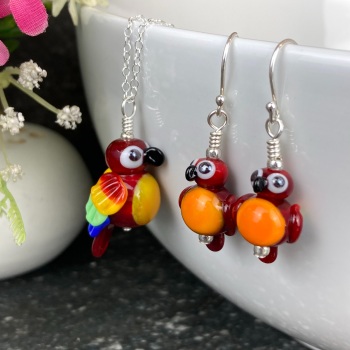 Red and Gold Macaw Earrings and Large Pendant Set