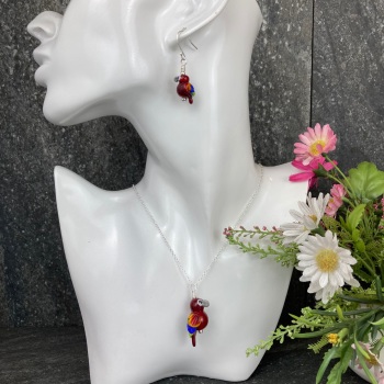 Scarlet Macaw Earrings and Large Pendant Set