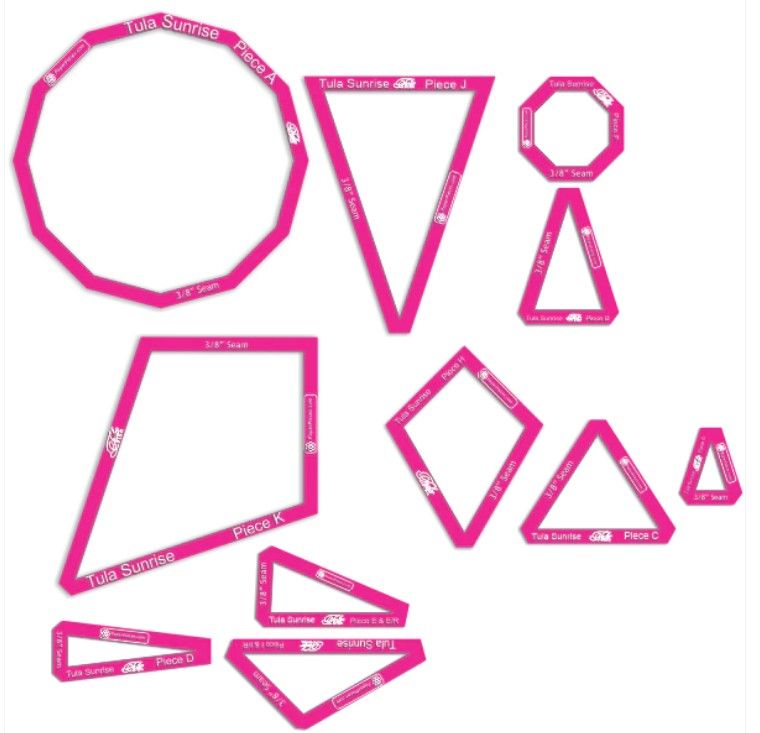 PRE ORDER - Tula Pink Sunrise 11 Piece Acrylic Fabric Cutting Templates with 3/8" Seam Allowance Windowed