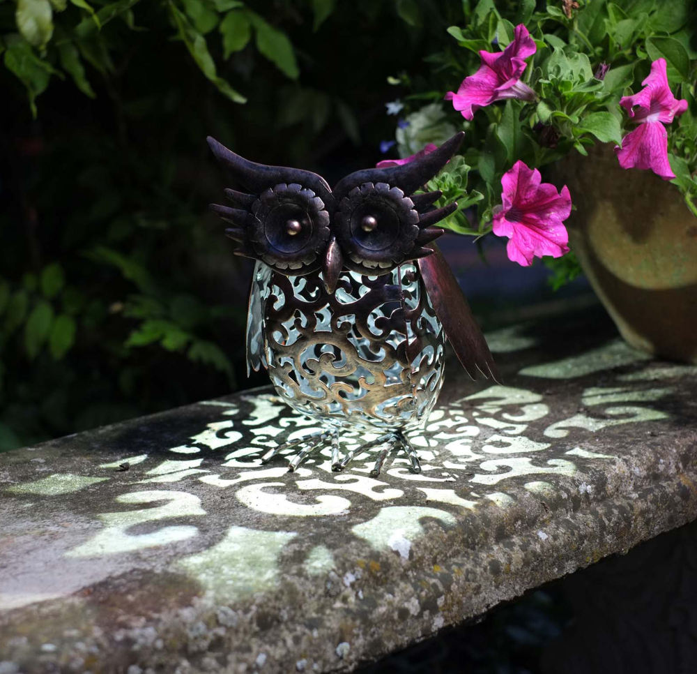 Solar Metal Owl Scroll Garden Patio Light Lighting Animal Ornament