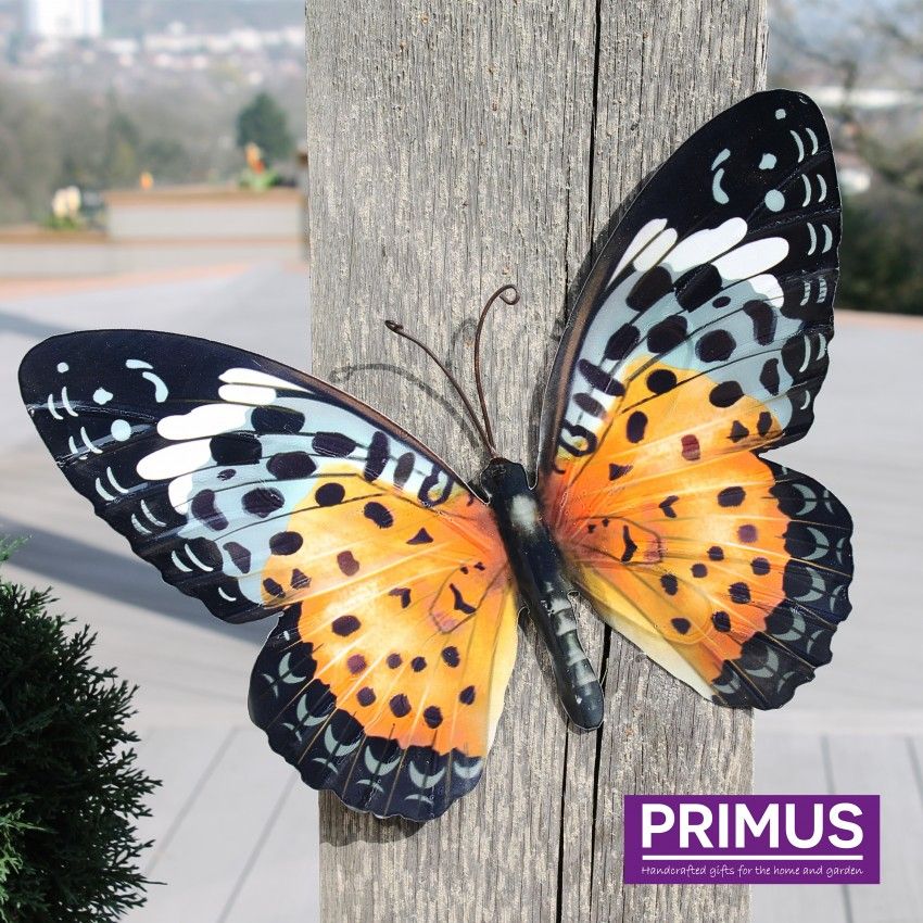 Primus Large Metal Butterfly Wall Art - Orange and Black 35cm x 25cm