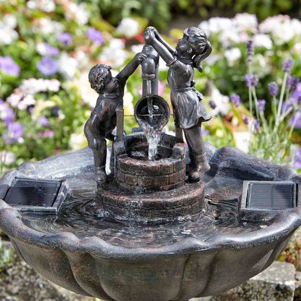 Smart Solar Powered Cascade Water Mill Fountain Feature Outdoor Garden Ornament 