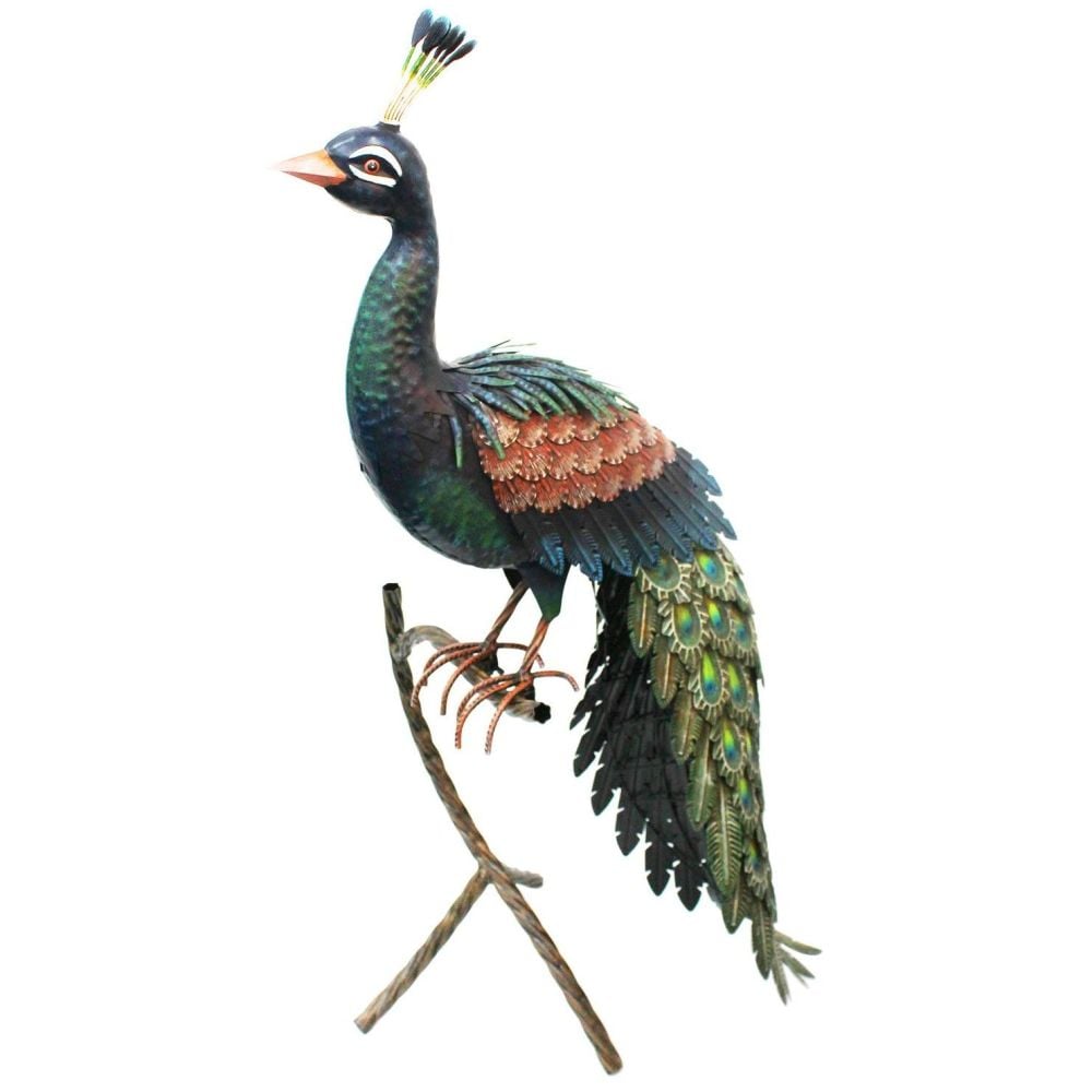 Primus Large Deluxe Metal Peacock Bird Ornament on Perch PQ1835