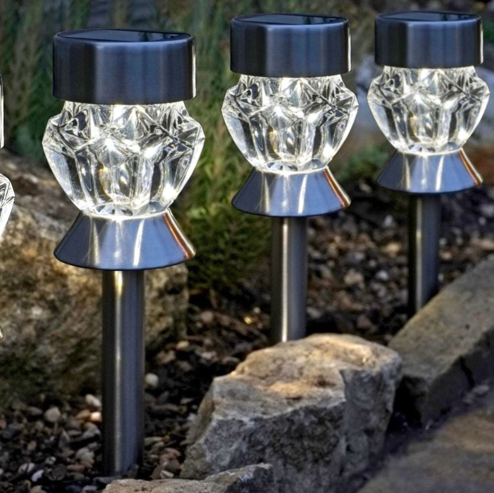 Smart Solar Crystal Glass Stainless Steel Stake Light 4pk