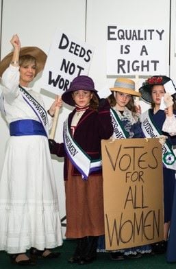 Alison and pupils from Patcham Junior School     re-stage the suffragette demonstrations of 1918.