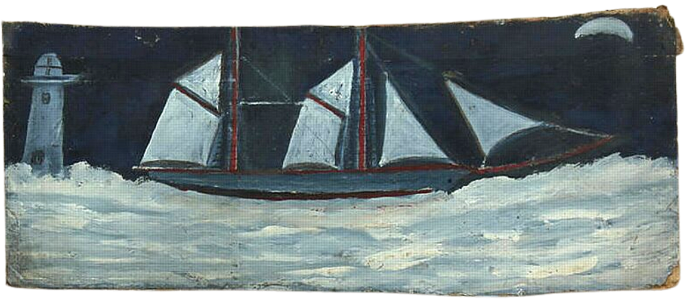 Alfred Wallis painting of a schooner under a crescent moon with the horns pointing down