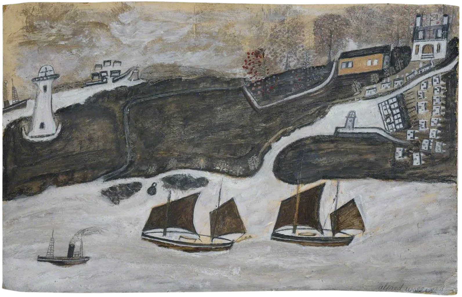 Two Ships and Steamer Past a Port â€“ Falmouth and St Anthony Lighthouse by Alfred Wallis