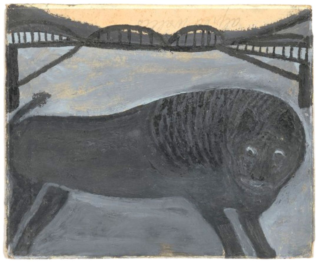 Alfred Wallis painting of a lion in front of a railway viaduct