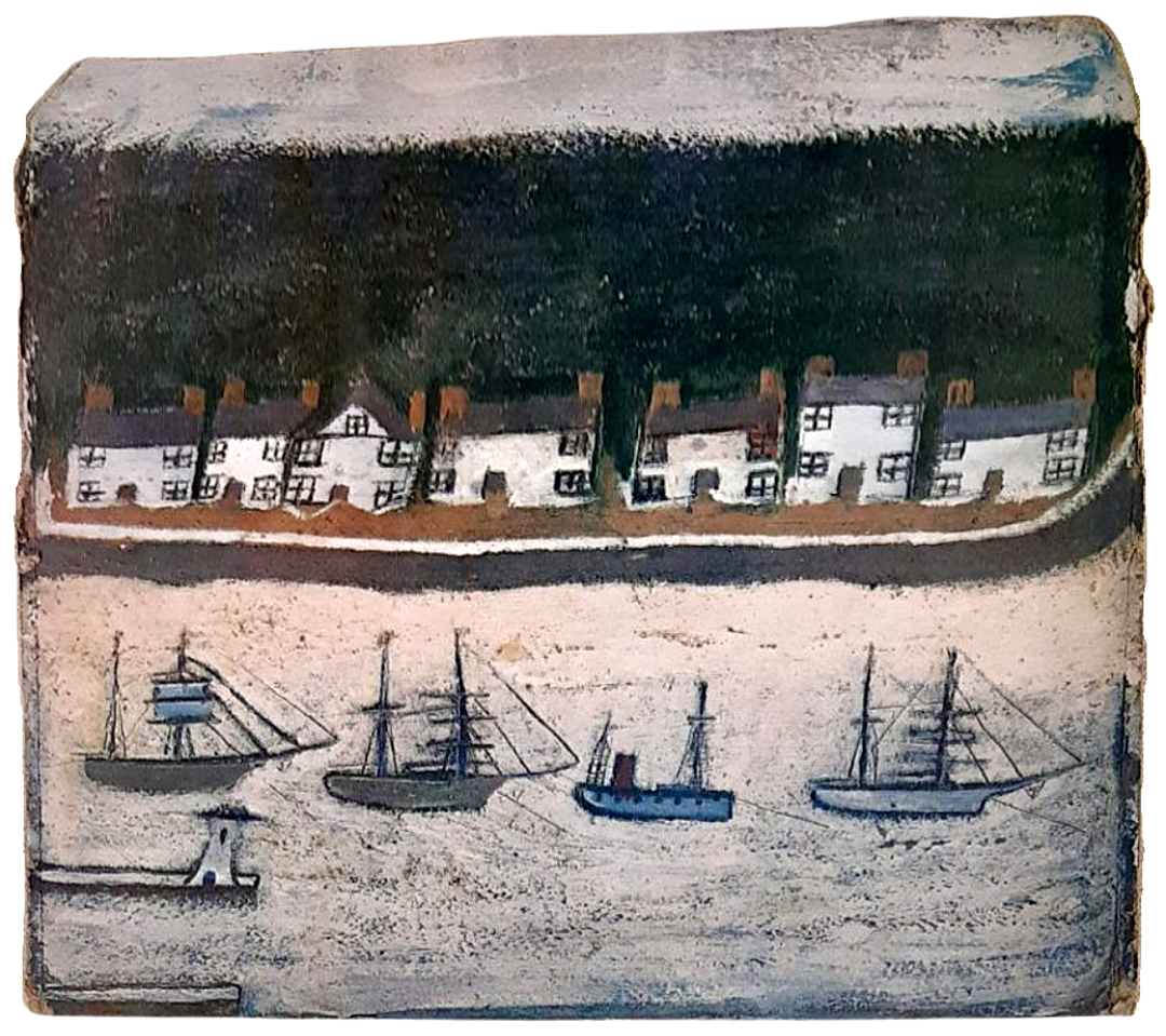 Alfred Wallis painting of different vessels anchored by white houses