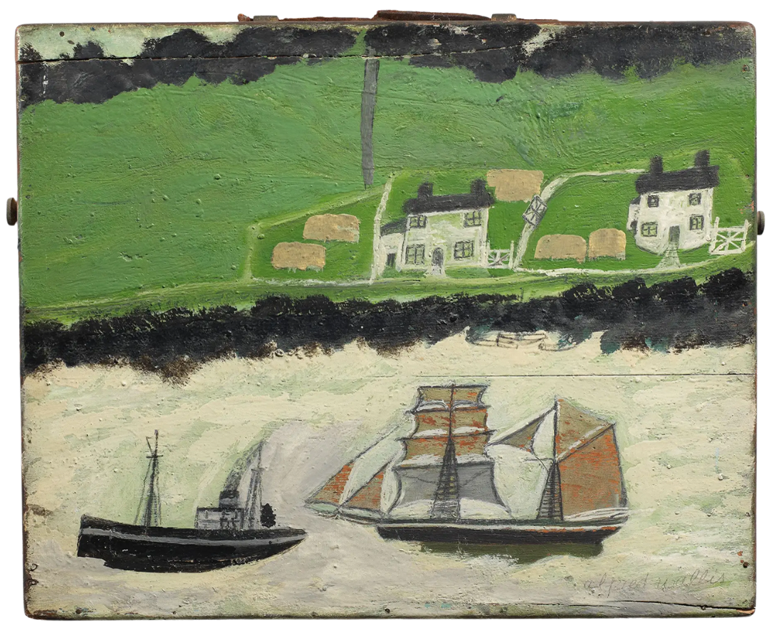 Alfred Wallis painting of a schooner and steamer passing farms