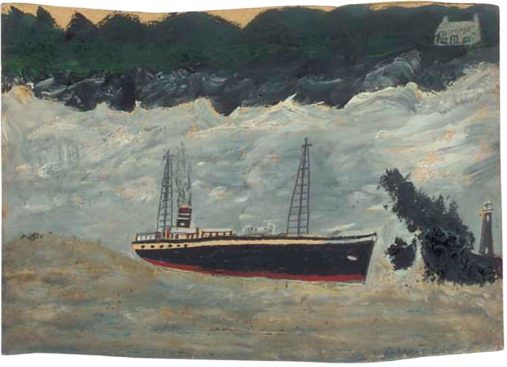 Alfred Wallis painting of a steamer approaching Longships Lighthouse