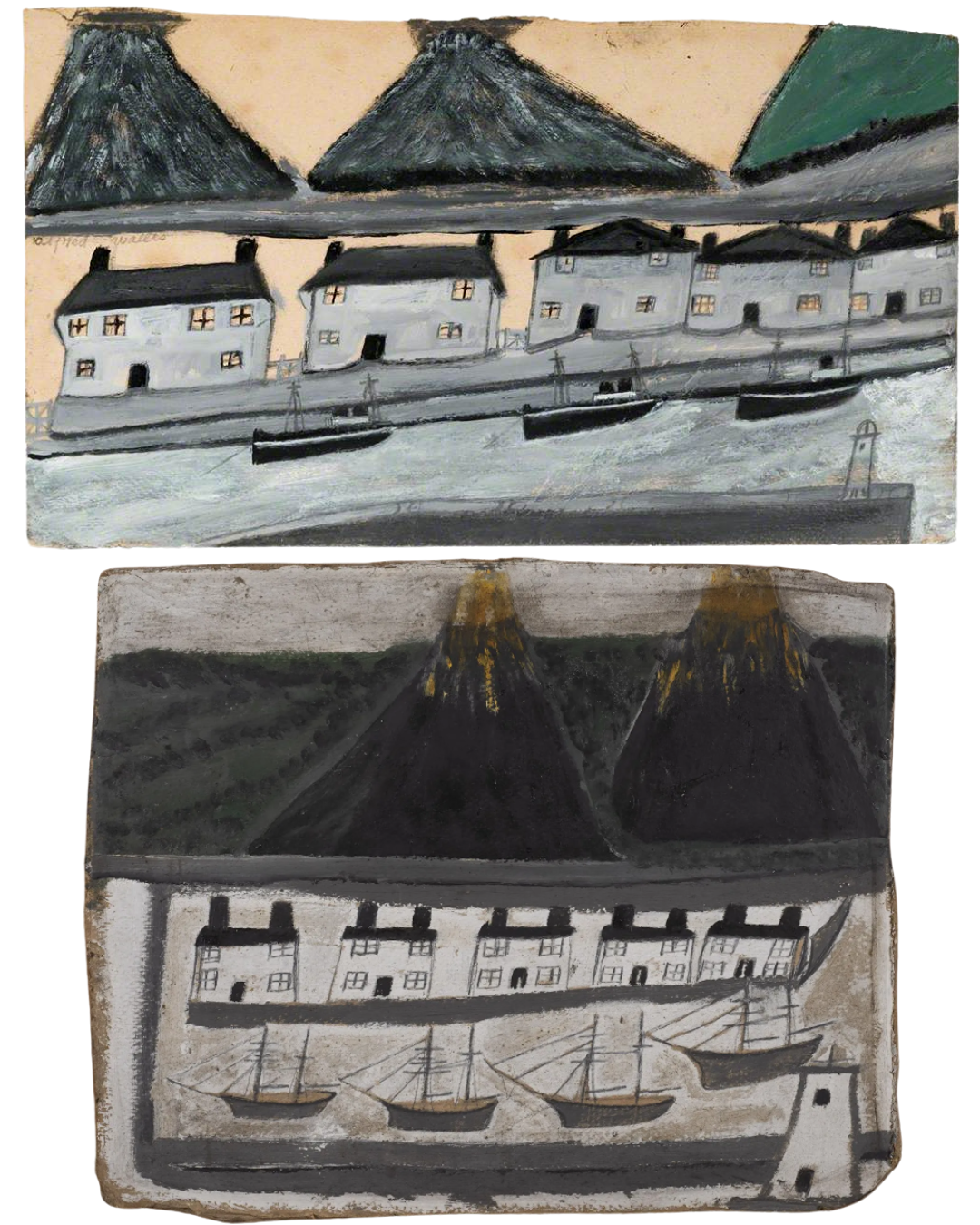 Alfred Wallis painting of a harbour with two possible kilns beyond