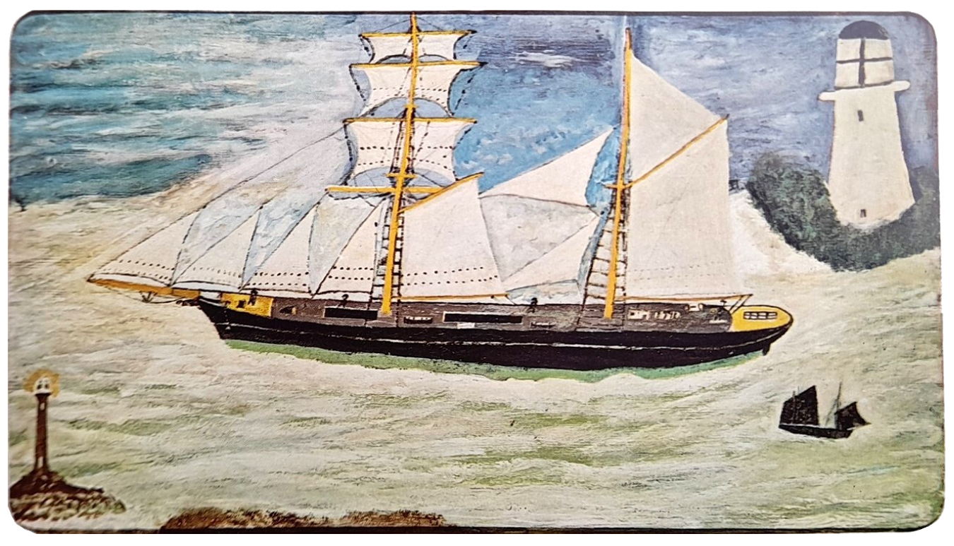 Alfred Wallis painting of a schooner on the surface of his kitchen table