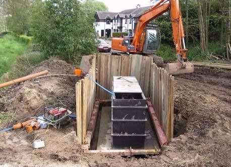 Apex sewage treatment plant, 50 persons, being installed in a high water