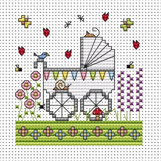 Garden Pram Cross Stitch Card (New Baby)