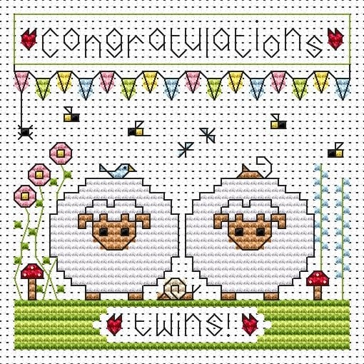 Twin Sheep Cross Stitch Card (New Baby Twins)