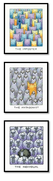The Imposter, The Antagonist & The Individual set of 3 cross stitch kits