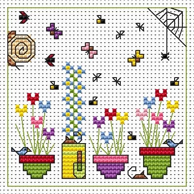 Sidney Snail and Flowerpots Cross Stitch Card