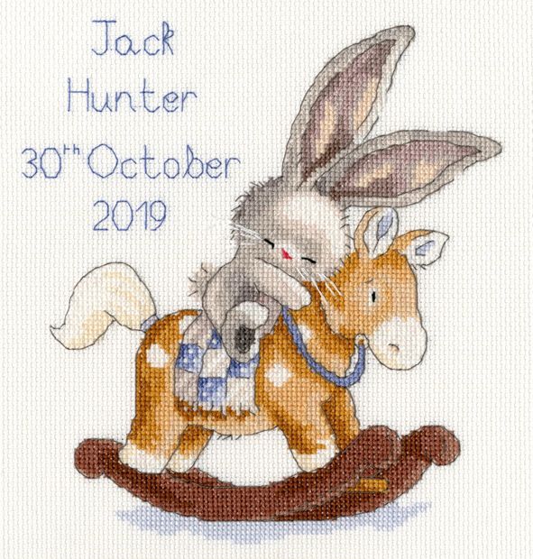 Rock a Bye Bunny Birth Sampler - stitched with Blue threads