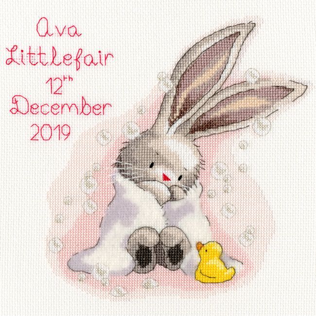 Bubbles Bunny Birth Sampler - stitched in pink