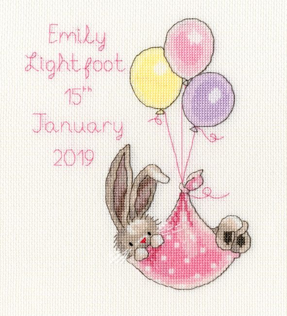 New Delivery Bunny Birth Sampler - stitched in Pink