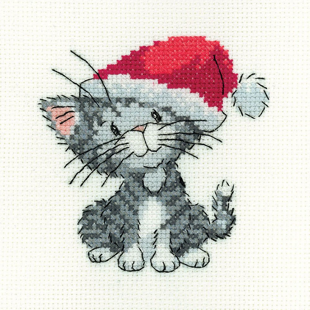 Silver Tabby Christmas Kitten Cross Stitch