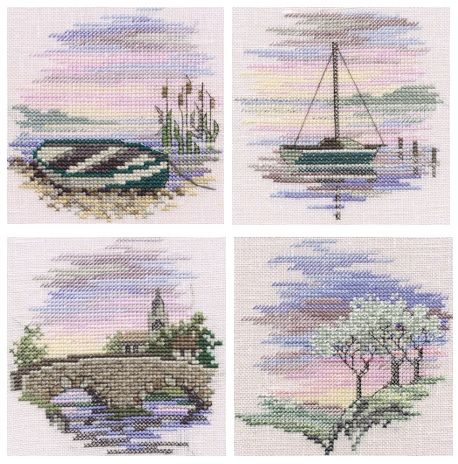 Rowing Boat, Sailing Boat, Bridge & Frosty Trees Cross Stitch