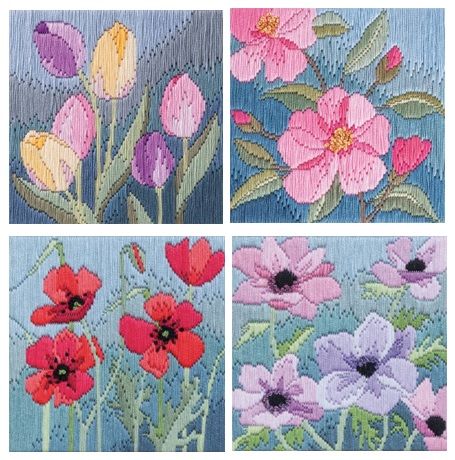 Set of 4 Flower Silken Long Stitch Kits