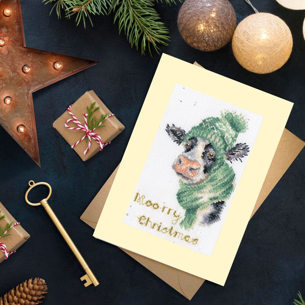 Moo-rry  Cow Christmas Cross Stitch Card