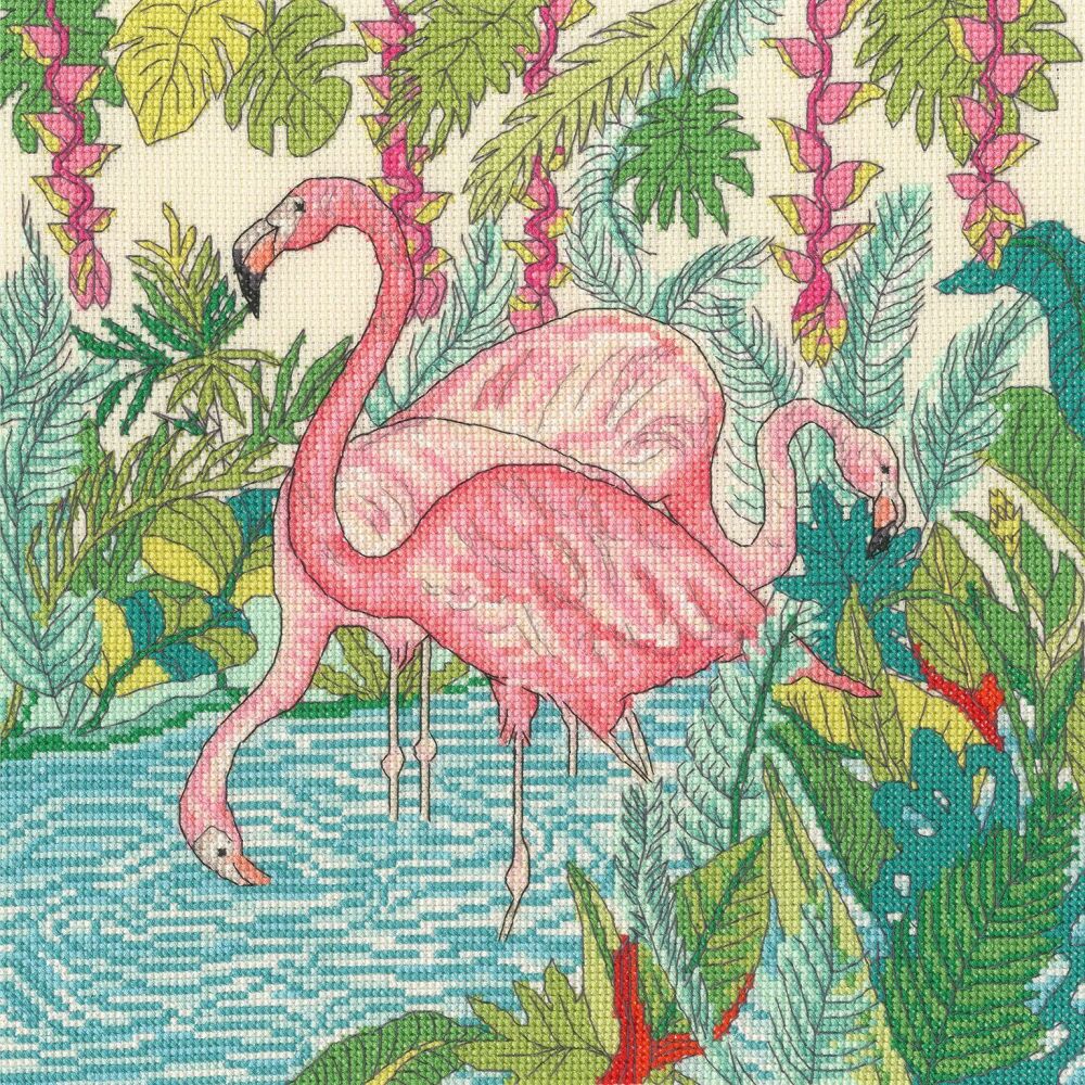Fern Garden Flamingo Cross Stitch